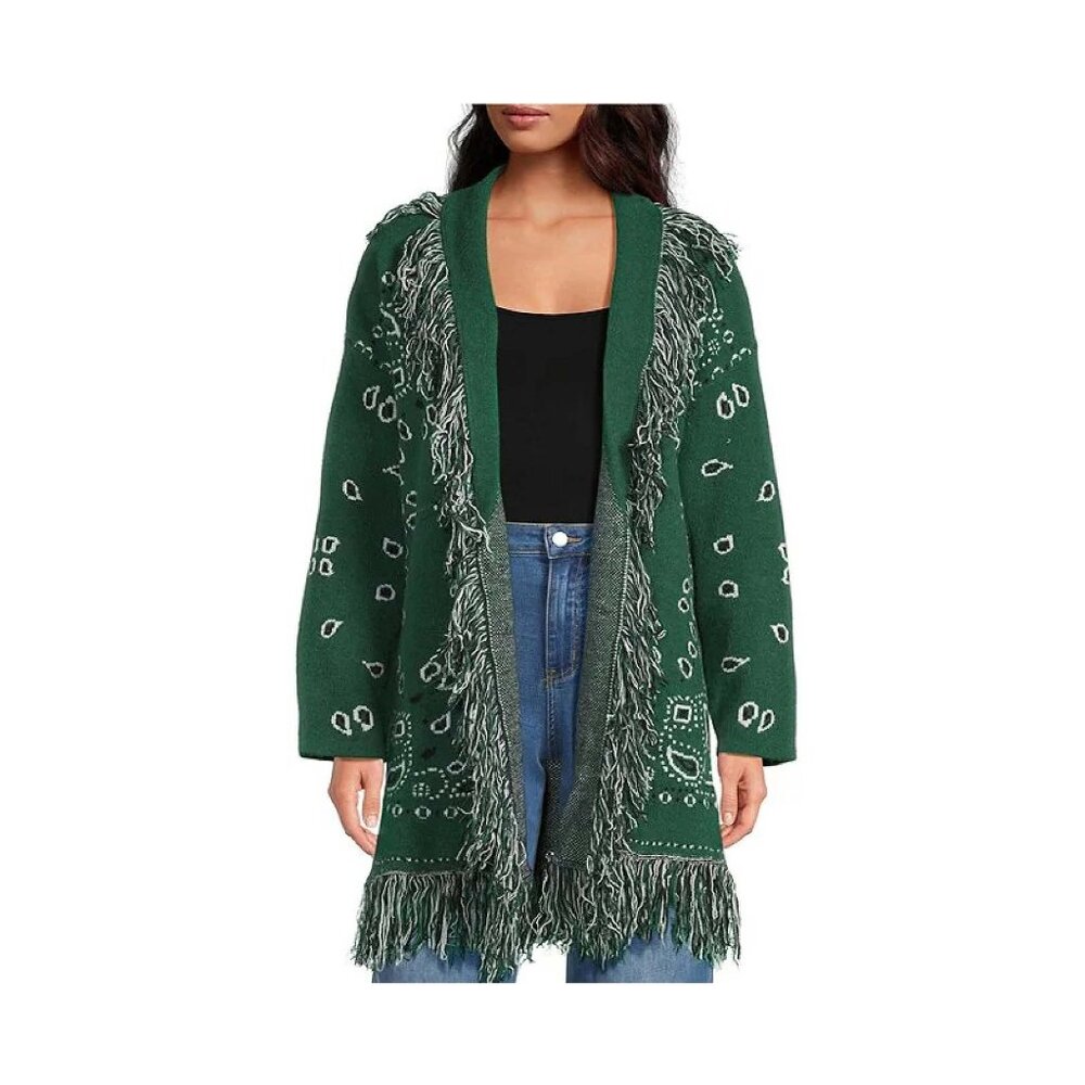 Bandana Fringe Shawl Collar Belted Open Front Cardigan